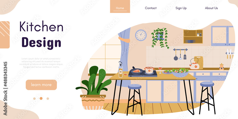 Kitchen interior design vector banner. Dining room decoration. Modern interior design service. Home renovation studio. Ad template for designing interiors online service Kitchen interior design vector banner. Dining room decoration. Modern interior design service. Home renovation studio. Ad template for designing interiors online service