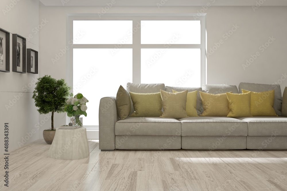 Fototapeta premium White living room with sofa. Scandinavian interior design. 3D illustration