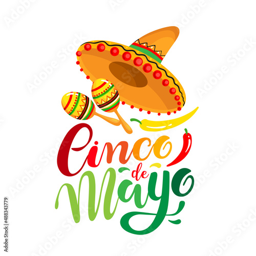 Cinco de Mayo poster, greeting cars design with hand drawn lettering, sombrero and maracas, symbols of holiday. Vector illustration EPS10