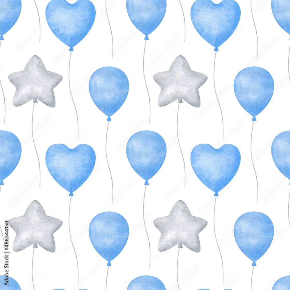 seamless pattern with blue balloons. Watercolor balloons on a white background. Romantic print for festive fabric, paper, textiles, scrapbooking, baby shower, birthday