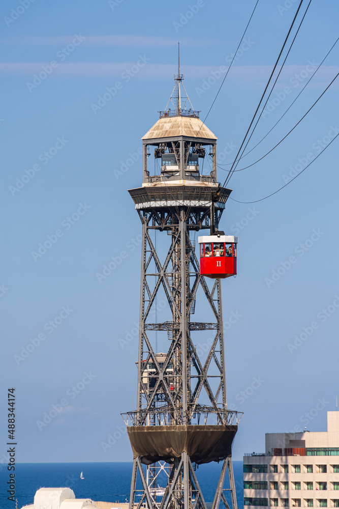 Red cabin of cable car in Barcelona, Catalonia, Spain
