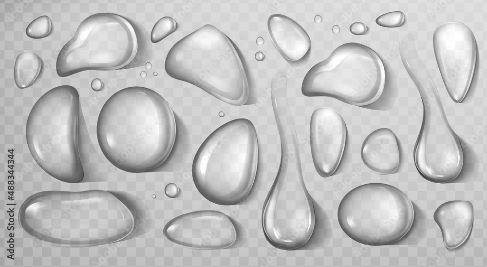 Vector realistic set of liquid droplet different shapes. Pure aqua flows, condensed water on cool glass surface. Closeup fresh water drops isolated on transparent background.