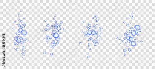 Effervescent water or oxygen fizz, blue air bubbles realistic 3d vector illustration. Moving underwater fizzing. Champagne or soda drink design elements isolated on transparent background.