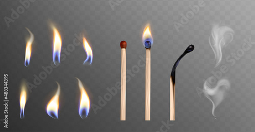 Realistic 3d vector illustration of whole and burnt wooden matchsticks. Flame light and smoke collection on transparent background. Stages of match or wood stick burning or ignition from fire.