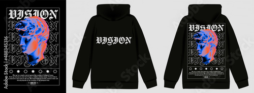 Modern poster of a statue of David, with effect of a thermal imager, with text "Vision" . In Techno style, stylish print for streetwear, print for t-shirts and hoodies, isolated on black background