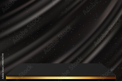 Black podium with gold glitter and realistic black silk drapery with silver glitter confetti.Vector illustration