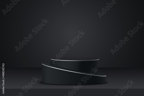 3d realistic vector round stage, podium on dark background.