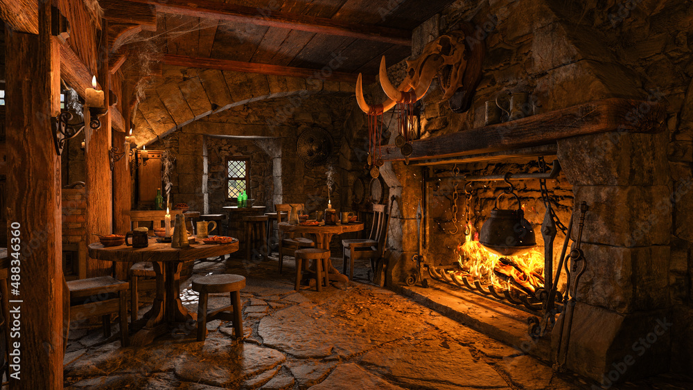 Naklejka premium Fireside tables with food and drink in a medieval fantasy tavern. 3D rendering.