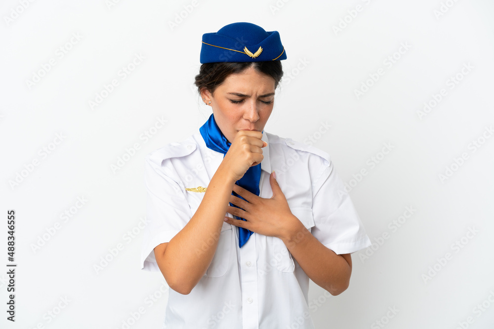 Airplane stewardess caucasian woman isolated on white background is suffering with cough and feeling bad Airplane stewardess caucasian woman isolated on white background is suffering with cough and feeling bad