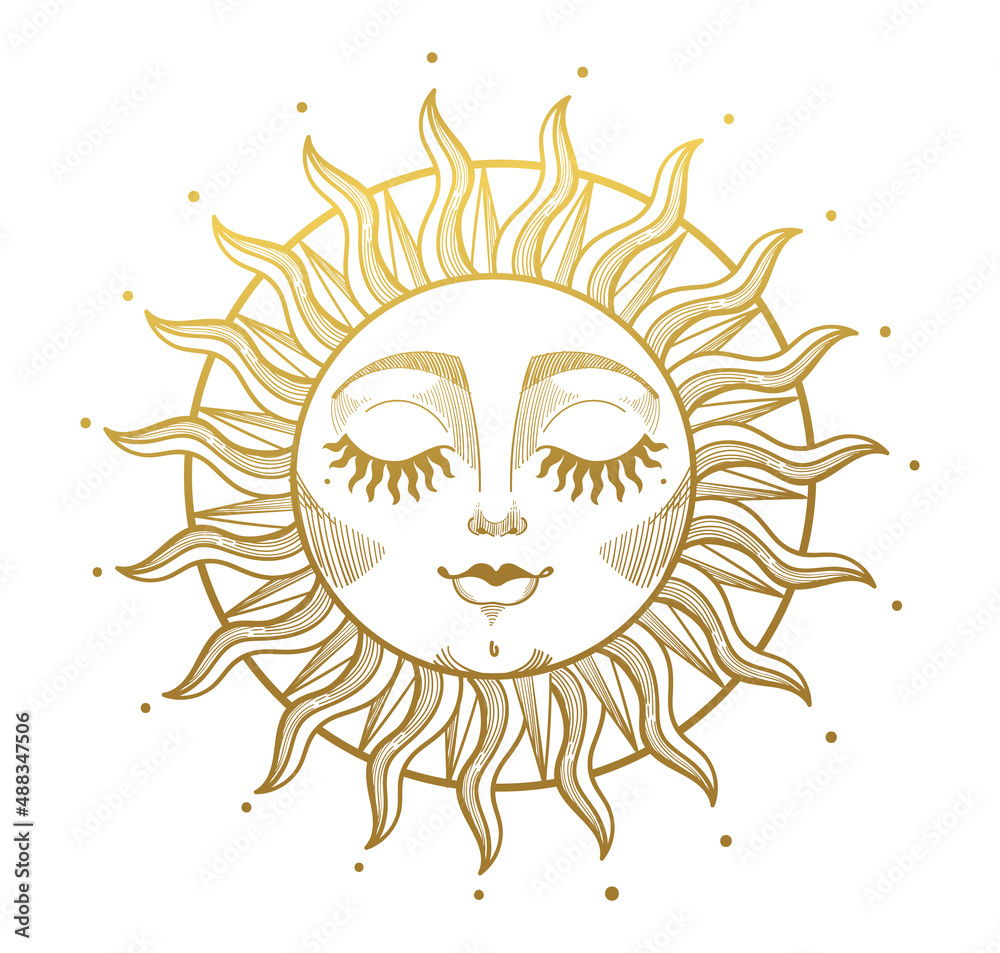 Golden mystical sun with a boho-style face. Element for design, tattoo, stickers. Linear vector illustration isolated on white background. Golden mystical sun with a boho-style face. Element for design, tattoo, stickers. Linear vector illustration isolated on white background.