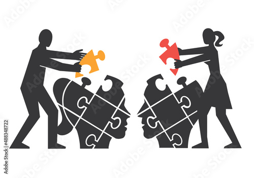 Couple,Mutual understanding and dialog, puzzle concept.
Illustration of couple assembling a puzzle of partner's head, Psychology of relationship concept.Vector available.