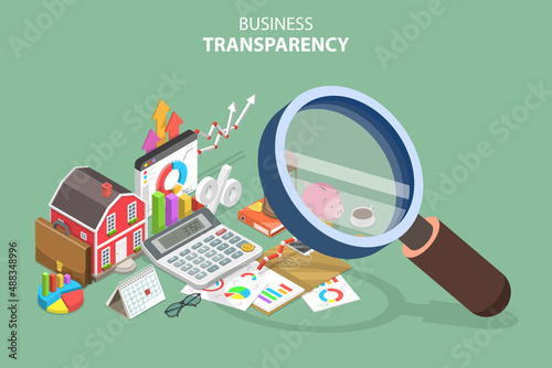 3D Isometric Flat Vector Conceptual Illustration of Business Transparency, Data Information Sharing