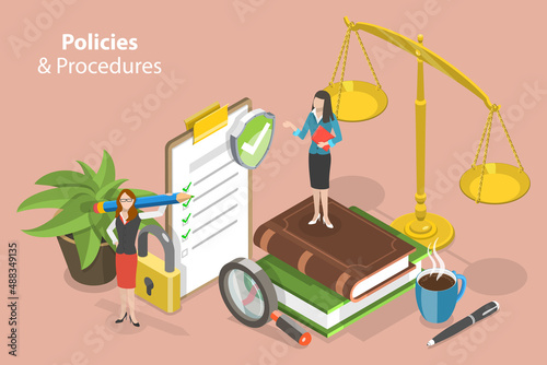 3D Isometric Flat Vector Conceptual Illustration of Policies and Procedures, Business Laws, Regulations and Standards