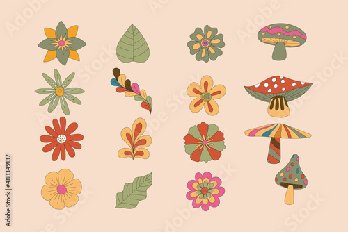 Simple Linear Art chunky Hippie Retro hippie stickers, psychedelic groovy set bundle elements. vintage icons in 70s-80s style. Flat vector illustration, design templates with flowers, leaf.
