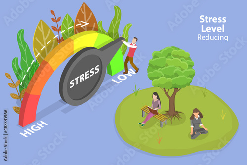 3D Isometric Flat Vector Conceptual Illustration of Stress Level Reducing, Decrease Emotion Overload, Burnout and Fatigue