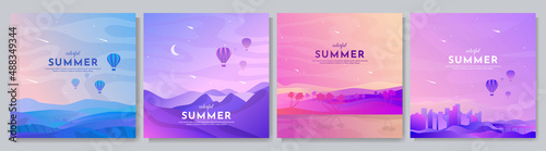 Vector illustration. Minimalist backgrounds collection. Gradient futuristic color. Design social media template, web banner. Nature colorful sunset scene, cityscape, mountains. Flat cartoon style