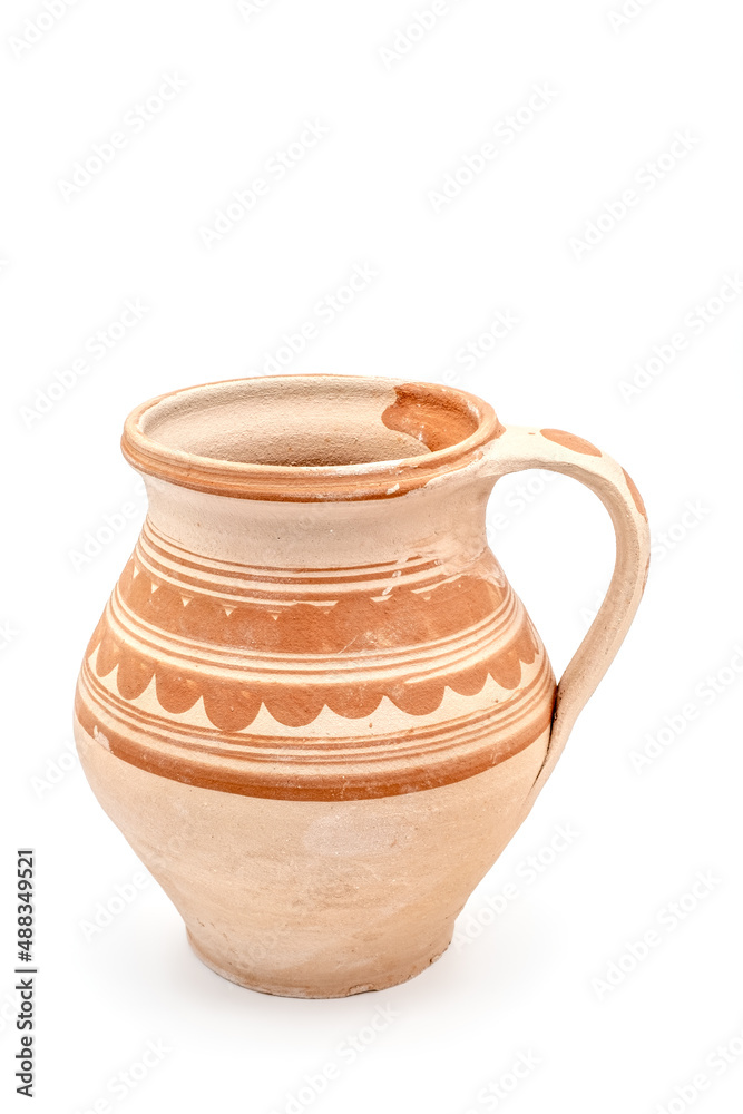 Traditional Romanian clay pot with handle on white background