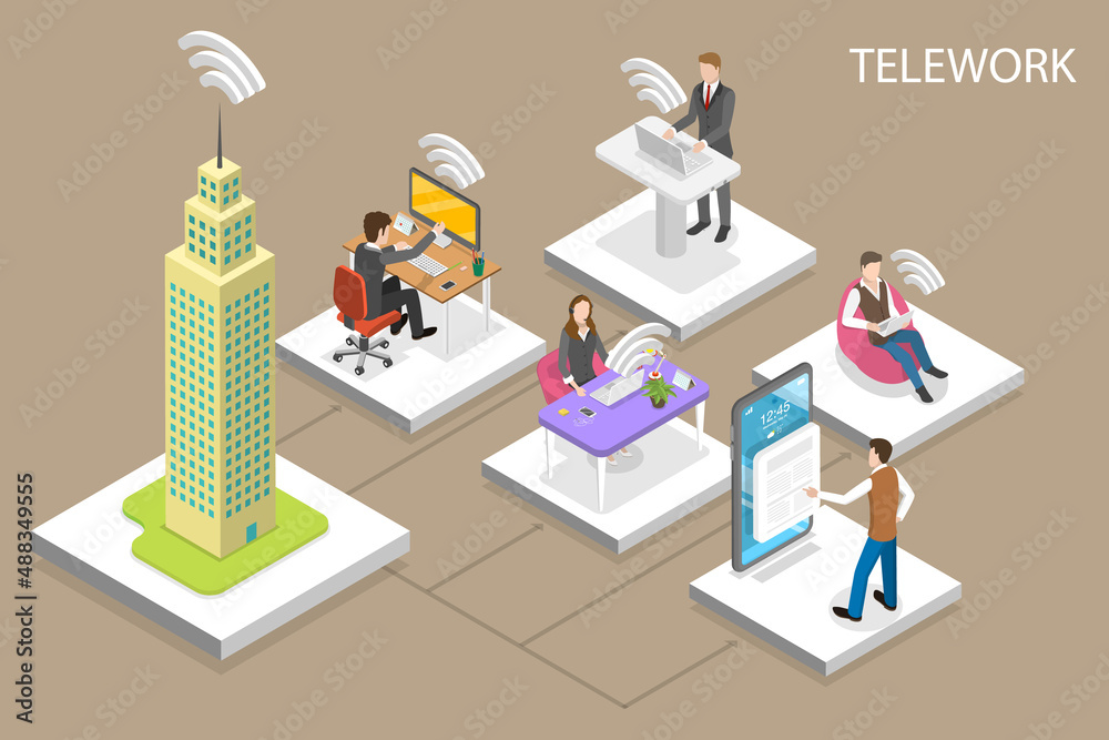 3D Isometric Flat Vector Conceptual Illustration of Teleworking, Remote Business Team, Hybrid Office 3D Isometric Flat Vector Conceptual Illustration of Teleworking, Remote Business Team, Hybrid Office