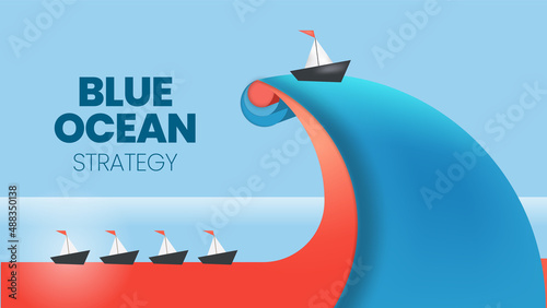 The blue ocean strategy concept presentation is a vector infographic element of niche marketing. The red sea has bloody mass competition and the pioneer  blue side has more advantages and opportunity 