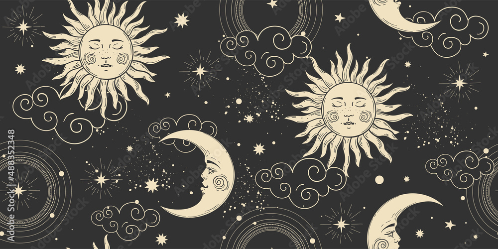 Celestial seamless pattern with sun and moon face, clouds and stars on ...