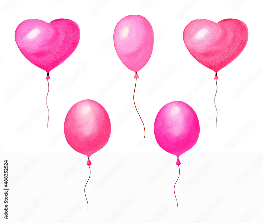 Set of watercolor balloons heart shaped pink color isolated on white background. Hand drawn watercolor illustration.