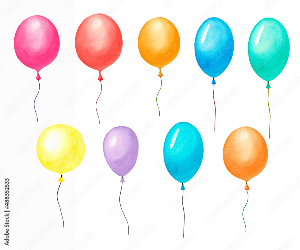Set of watercolor balloons isolated on white background. Hand drawn watercolor illustration.