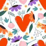 Floral seamless pattern with leaves, flowers and hearts. Romantic cute background
