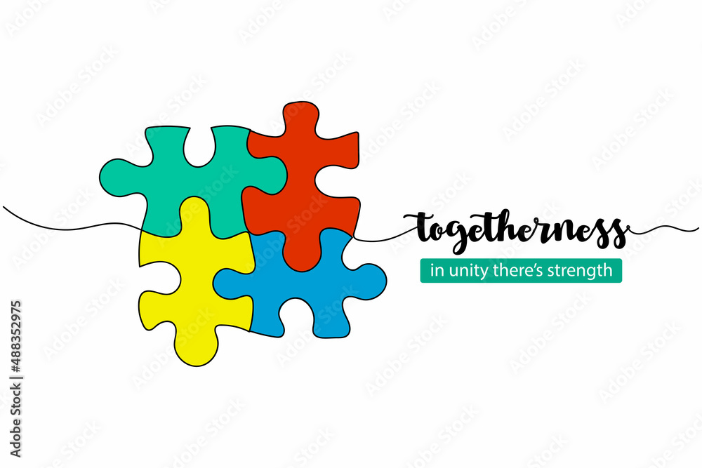 Continuous one simple single abstract line drawing of togetherness concept puzzle icon in silhouette on a white background. Linear stylized. Continuous one simple single abstract line drawing of togetherness concept puzzle icon in silhouette on a white background. Linear stylized.