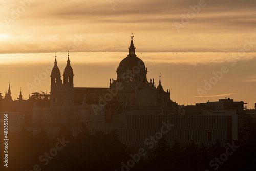 sunset. Views of the sunrise over the cathedral in the city of madrid