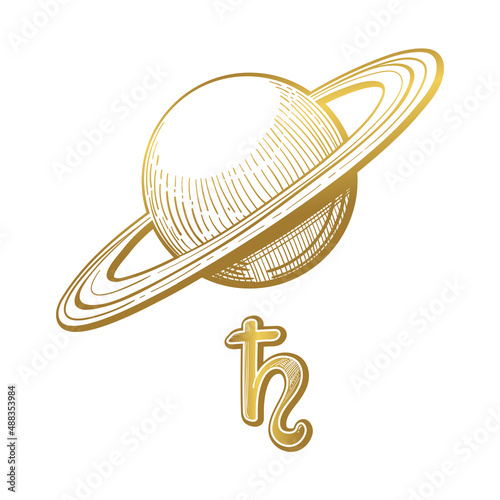 Saturn golden symbol with rings and astrological symbol. Illustration for a natal chart. Vector hand drawing, planet for boho cards, icon.