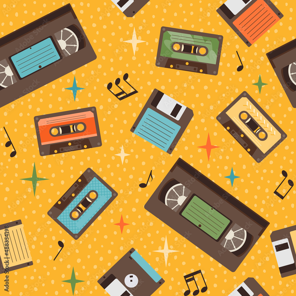 Endless repeating texture with musical elements in 90s style. Flat vector seamless pattern of retro cassettes, floppy disks and music notes. Vintage background for disco, vintage style party.