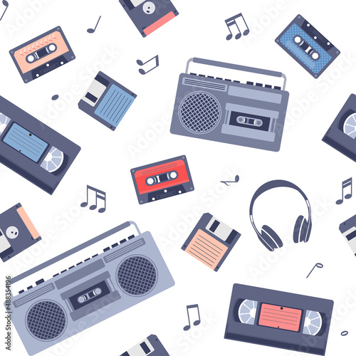 Music retro elements flat vector seamless pattern. Illustration of tape recorder, VHS video, tape cassette, Floppy disk, sheet music. Background, texture for disco, party in vintage style.