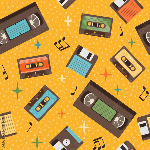 Endless repeating texture with musical elements in 90s style. Flat vector seamless pattern of retro cassettes, floppy disks and music notes. Vintage background for disco, vintage style party.