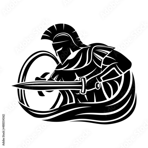 Spartan with sword and shield on white background.