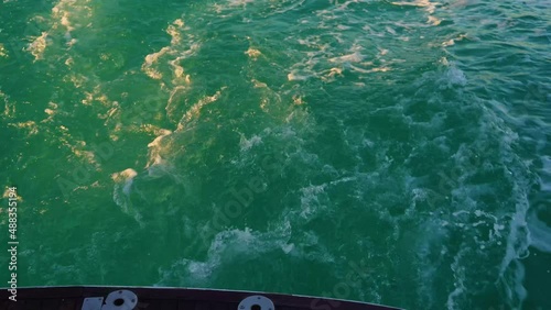 marble sea. close-up of the water of the beaches from the motor of a moving boat