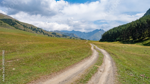 View in Mountains. Road to Shenako village from Diklo in Tusheti region