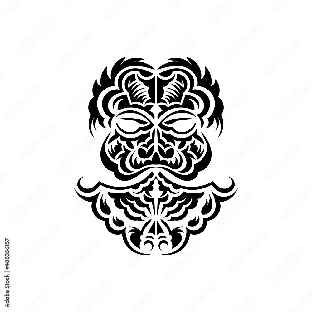 Tiki mask design. Native Polynesians and Hawaiians tiki illustration in black and white. Isolated. Flat style. Vector.