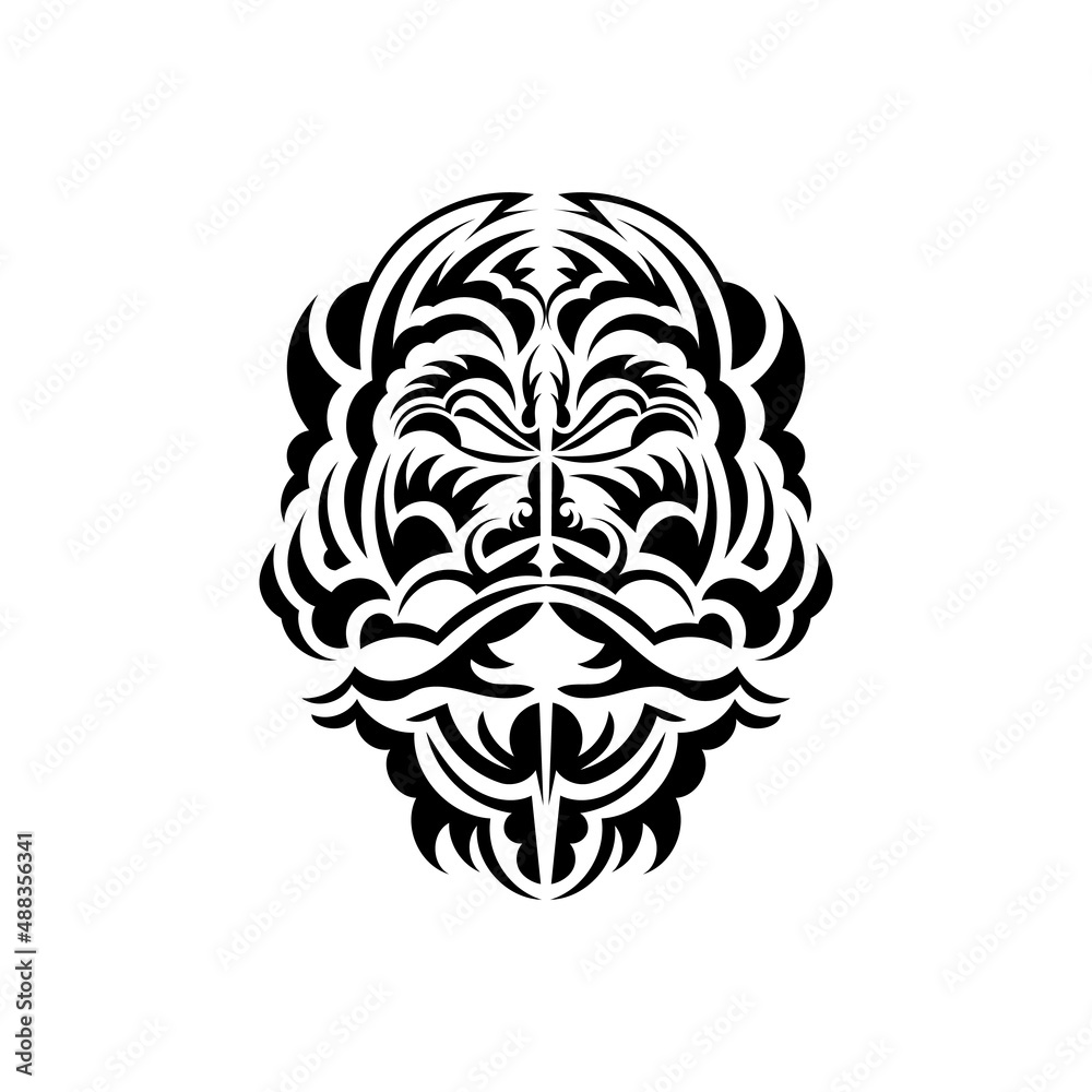 Tiki mask design. Native Polynesians and Hawaiians tiki illustration in black and white. Isolated on white background. Flat style. Vector illustration.