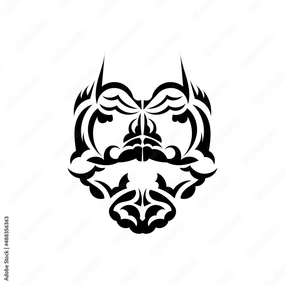 Tiki mask design. Native Polynesians and Hawaiians tiki illustration in black and white. Isolated on white background. Tattoo sketch. Vector.