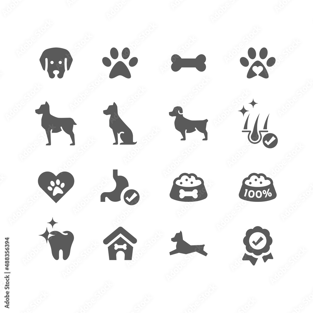 Obraz premium Dog black vector icon set. Paw print, dog food, bone filled icons.