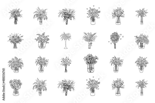 Doodle bouquets set,hand drawn flowers.Floral sketch, drawing, still life.Romantic bunches,gift to holiday.Botanical illustration.Isolated.Vector illustration