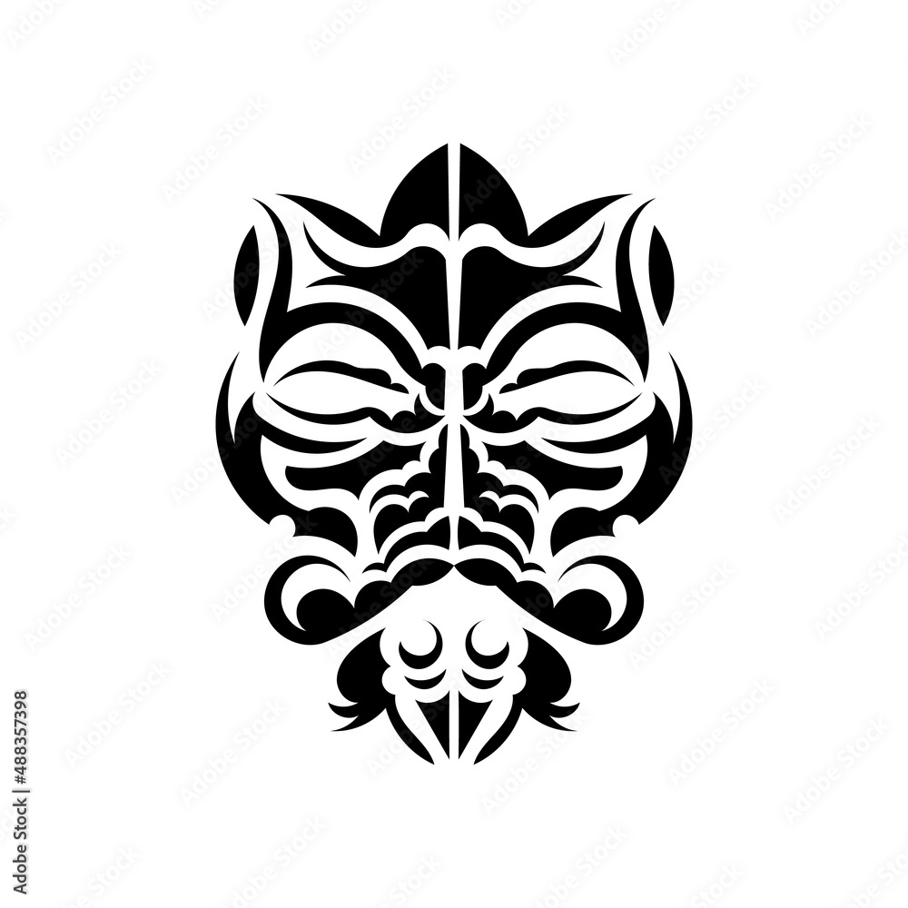 Maori mask. Traditional decor pattern from Polynesia and Hawaii. Isolated on white background. Tattoo sketch. Vector illustration.