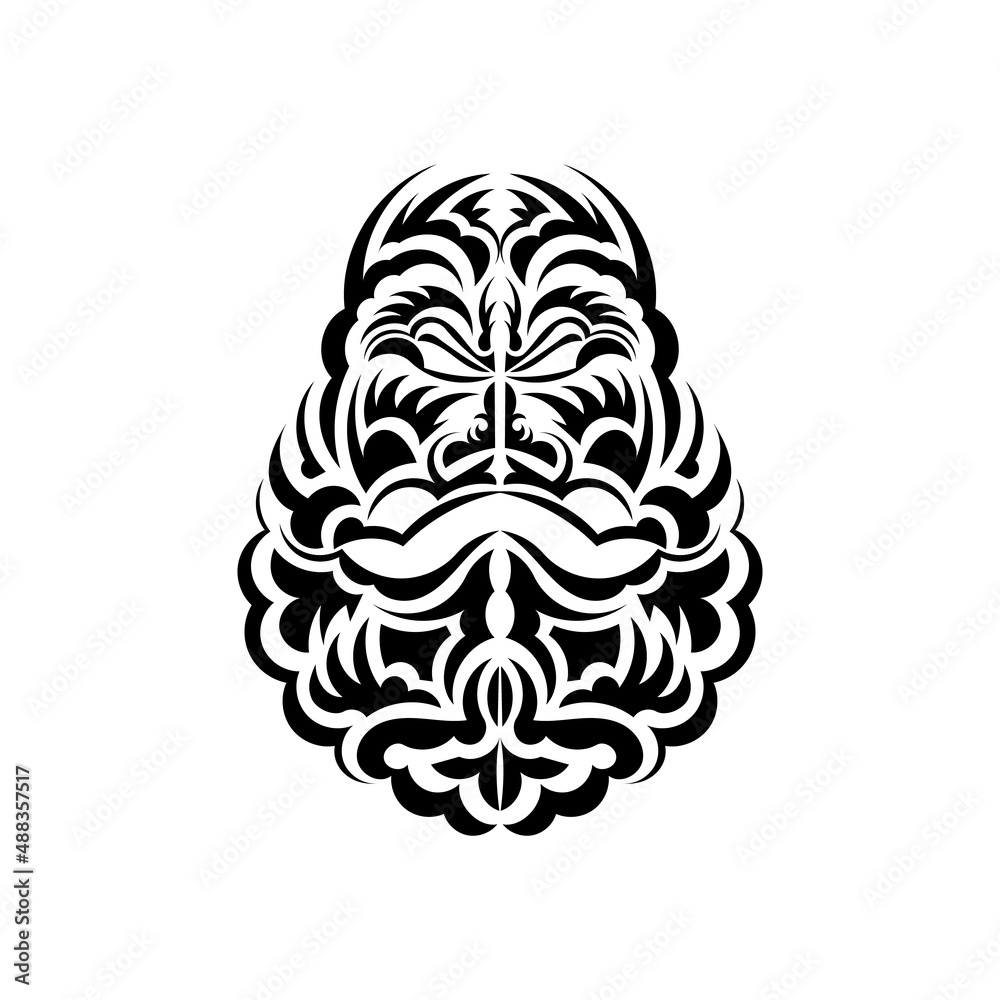 Maori mask. Native Polynesians and Hawaiians tiki illustration in black and white. Isolated. Flat style. Vector illustration.