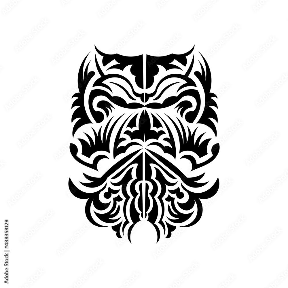 Fototapeta premium Maori mask. Frightening masks in the local ornament of Polynesia. Isolated on white background. Tattoo sketch. Vector.
