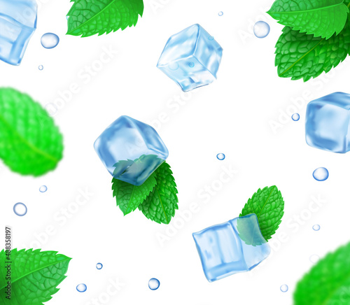 Vector fresh mint leaves and transparent ice cubes background. Mint and ice realistic for advertising