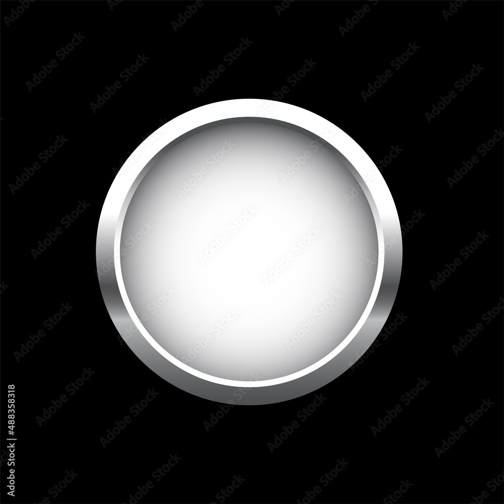 White button in round silver frame vector illustration. 3d realistic shiny metal circle ring on push click button for website, abstract badge element design isolated on black background
