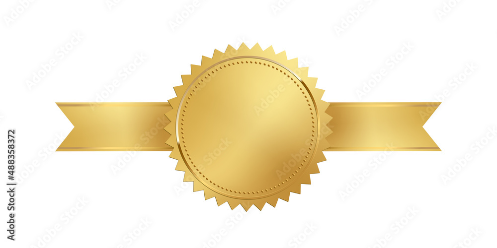 Gold 3d stamp with ribbon isolated on white background. Luxury golden seal. Vector design element