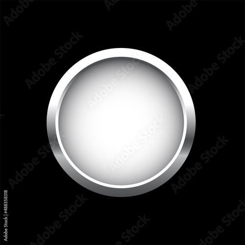 White button in round silver frame vector illustration. 3d realistic shiny metal circle ring on push click button for website, abstract badge element design isolated on black background