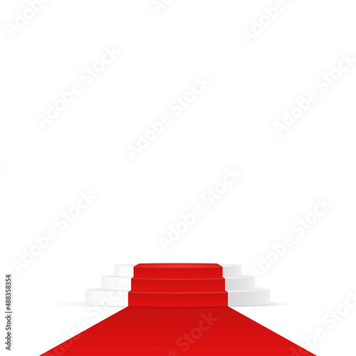 Red carpet on 3d round podium for winners and exclusive events, realistic triple platform