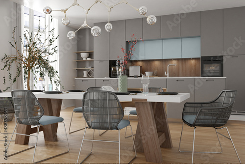 Modern interior of kitchen with living room 